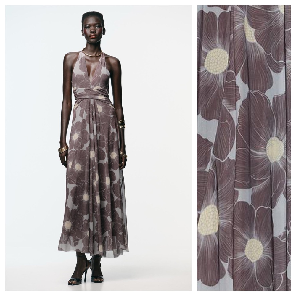 Zara Floral Halter Midi Dress in Mauve and Cream